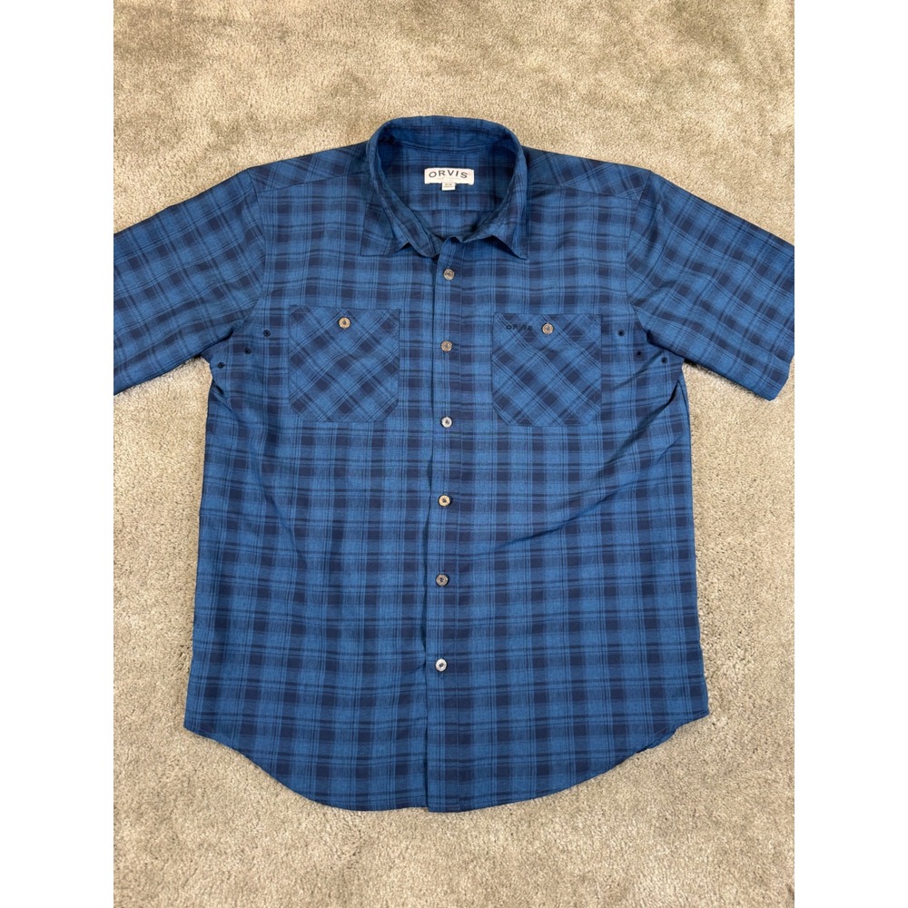 Orvis Mens Blue Plaid Short Sleeve Button Down Performance Shirt Size M